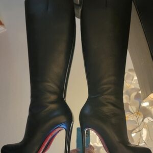 Christian Louboutin Black Kid Leather Knee High Zipper 4in Heel Boots Sz 36